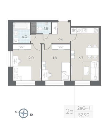 2-комнатная квартира, 52.9 м²; этаж: 3 - купить в Санкт-Петербурге