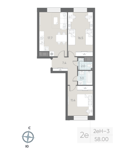 2-комнатная квартира, 58 м²; этаж: 3 - купить в Санкт-Петербурге
