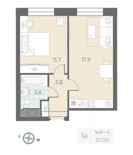1-комнатная квартира, 37 м²; этаж: 10 - купить в Санкт-Петербурге