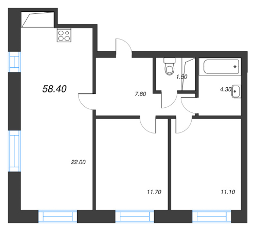 2-комнатная квартира, 58.4 м²; этаж: 12 - купить в Санкт-Петербурге