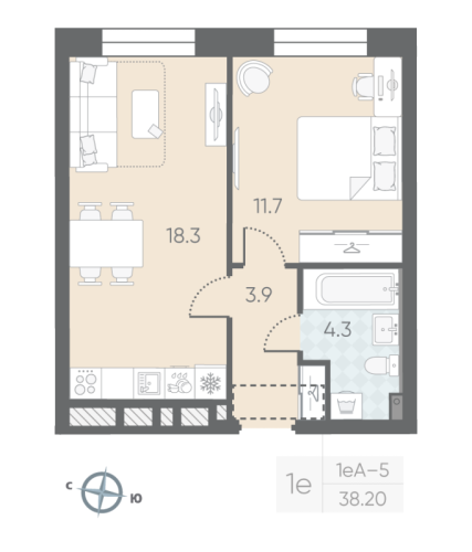 1-комнатная квартира №53 в: Большая Охта: 38.2 м²; этаж: 2 - купить в Санкт-Петербурге