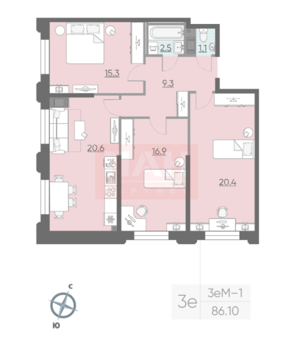 3-комнатная квартира, 86.1 м²; этаж: 5 - купить в Санкт-Петербурге