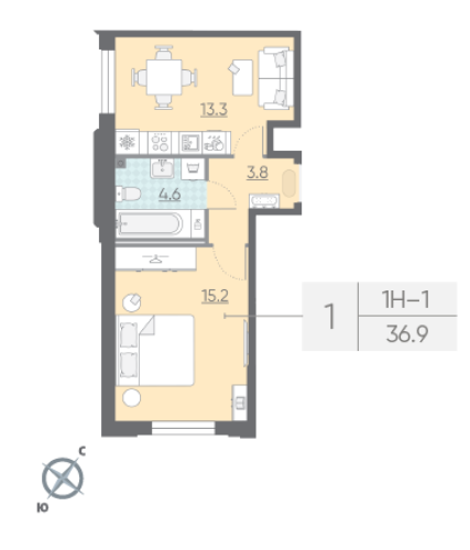 1-комнатная квартира, 36.9 м²; этаж: 2 - купить в Санкт-Петербурге