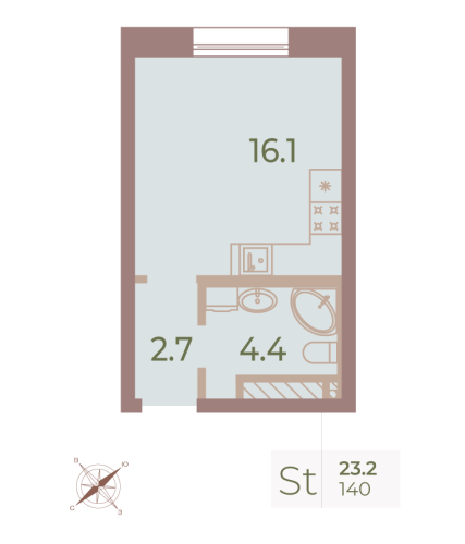 1-комнатная квартира, 23.1 м²; этаж: 9 - купить в Санкт-Петербурге