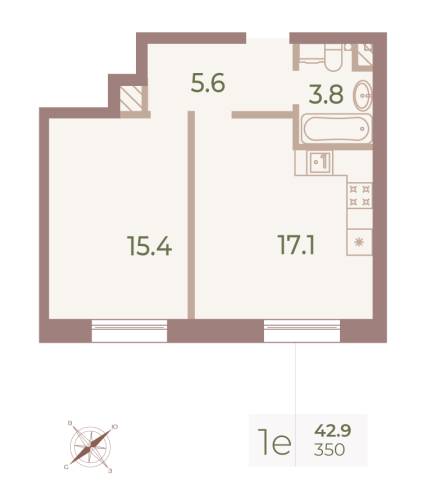 1-комнатная квартира, 42.8 м²; этаж: 9 - купить в Санкт-Петербурге