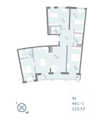 4-комнатная квартира № в: Морская набережная SeaView II: 123.53 м²; этаж: 16 - купить в Санкт-Петербурге