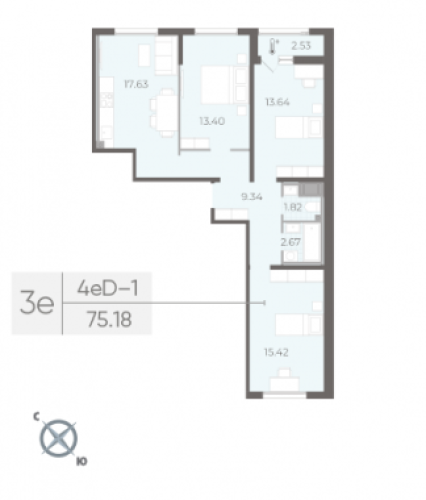 3-комнатная квартира, 75.18 м²; этаж: 16 - купить в Санкт-Петербурге