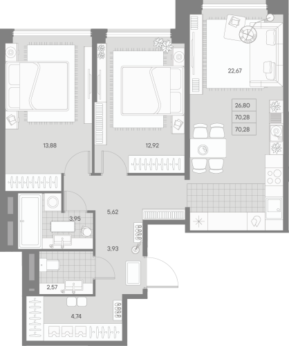 2-комнатная квартира, 70.28 м²; этаж: 3 - купить в Санкт-Петербурге