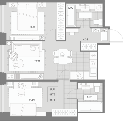 2-комнатная квартира, 61.75 м²; этаж: 2 - купить в Санкт-Петербурге