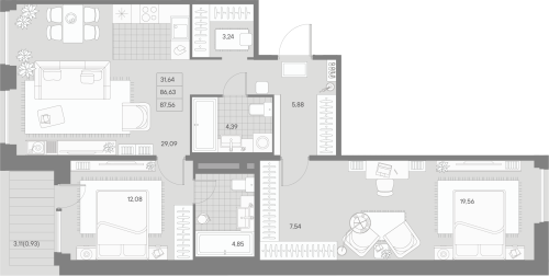 2-комнатная квартира, 87.56 м²; этаж: 2 - купить в Санкт-Петербурге
