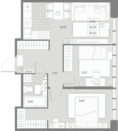 2-комнатная квартира, 52.53 м²; этаж: 6 - купить в Санкт-Петербурге