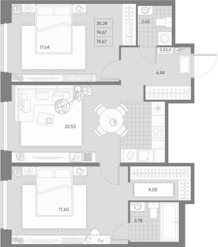 2-комнатная квартира, 74.45 м²; этаж: 7 - купить в Санкт-Петербурге