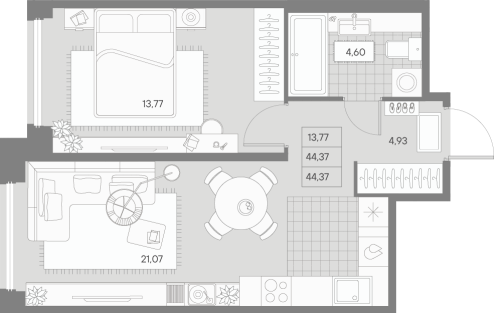 1-комнатная квартира, 44.37 м²; этаж: 7 - купить в Санкт-Петербурге