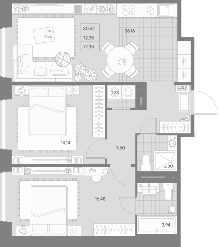 2-комнатная квартира, 72.35 м²; этаж: 4 - купить в Санкт-Петербурге