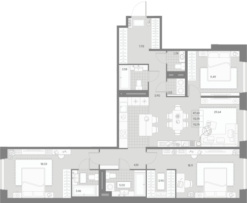 3-комнатная квартира, 112.91 м²; этаж: 4 - купить в Санкт-Петербурге