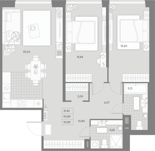 2-комнатная квартира, 90.89 м²; этаж: 8 - купить в Санкт-Петербурге