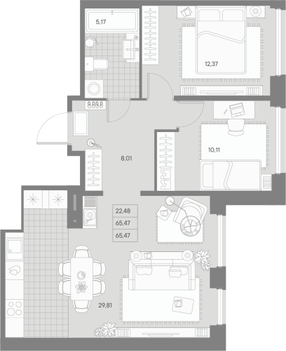 2-комнатная квартира, 65.47 м²; этаж: 7 - купить в Санкт-Петербурге