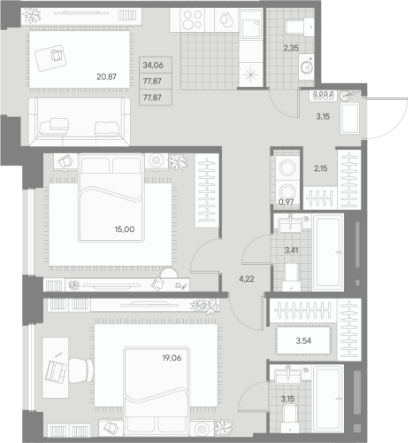 2-комнатная квартира, 77.87 м²; этаж: 8 - купить в Санкт-Петербурге