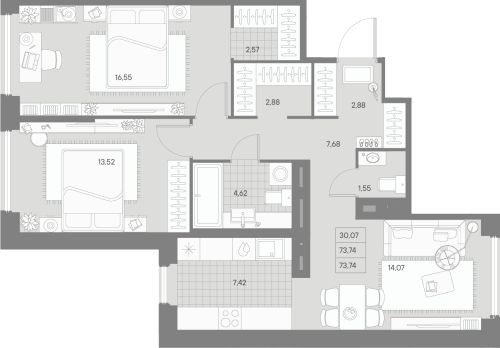 2-комнатная квартира, 73.74 м²; этаж: 8 - купить в Санкт-Петербурге