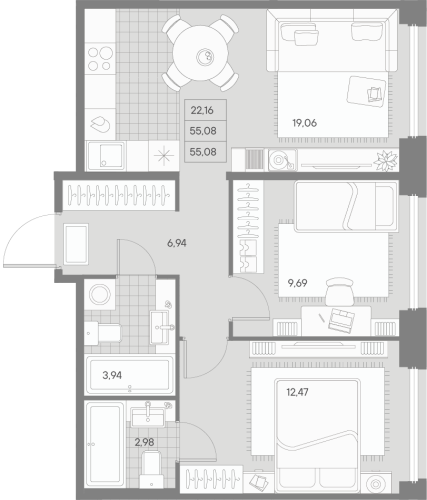 2-комнатная квартира, 55.08 м²; этаж: 8 - купить в Санкт-Петербурге