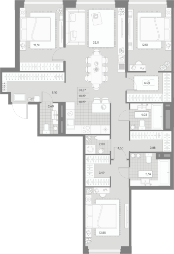 3-комнатная квартира, 111.29 м²; этаж: 8 - купить в Санкт-Петербурге