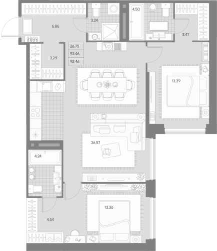 2-комнатная квартира, 93.46 м²; этаж: 3 - купить в Санкт-Петербурге