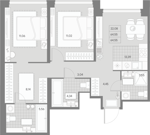 2-комнатная квартира, 65.58 м²; этаж: 3 - купить в Санкт-Петербурге