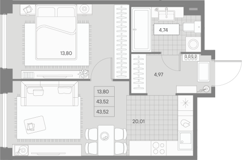 1-комнатная квартира, 43.52 м²; этаж: 7 - купить в Санкт-Петербурге