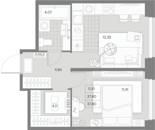 1-комнатная квартира, 37.8 м²; этаж: 6 - купить в Санкт-Петербурге