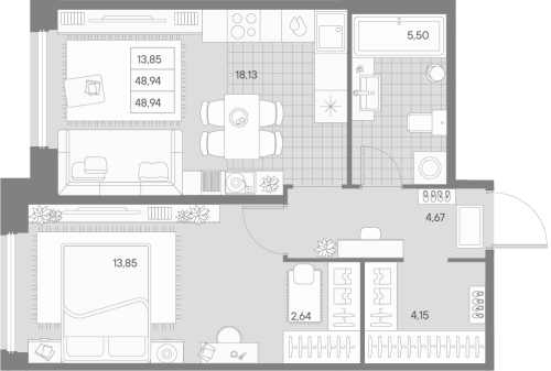 1-комнатная квартира, 48.94 м²; этаж: 3 - купить в Санкт-Петербурге