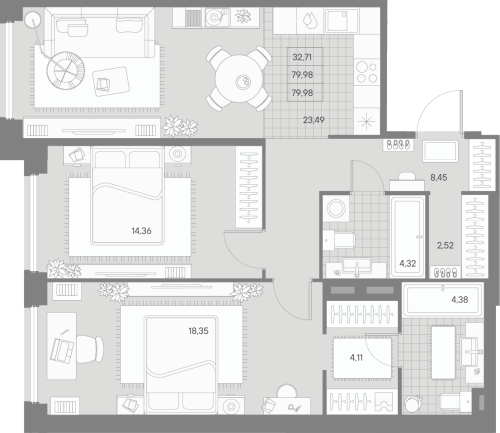 2-комнатная квартира, 79.98 м²; этаж: 3 - купить в Санкт-Петербурге