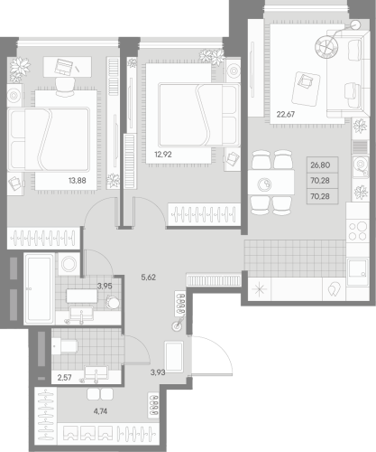 2-комнатная квартира, 70.28 м²; этаж: 8 - купить в Санкт-Петербурге