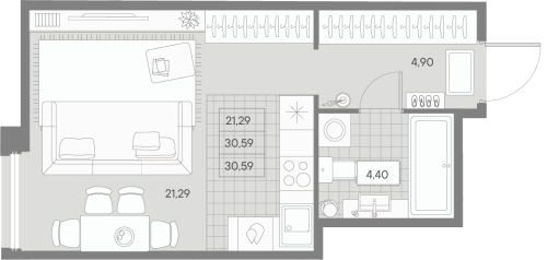 1-комнатная квартира №53 в: Avant: 30.59 м²; этаж: 3 - купить в Санкт-Петербурге