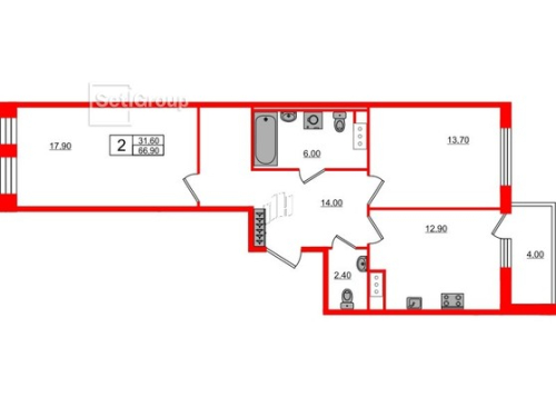 2-комнатная квартира №3 в: SVETLANA PARK: 66.9 м²; этаж: 4 - купить в Санкт-Петербурге