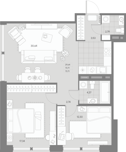 2-комнатная квартира, 73.71 м²; этаж: 3 - купить в Санкт-Петербурге