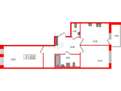 2-комнатная квартира №3 в: SVETLANA PARK: 67.6 м²; этаж: 2 - купить в Санкт-Петербурге