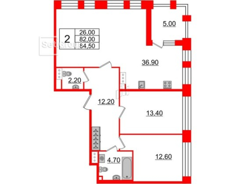 2-комнатная квартира, 82.7 м²; этаж: 4 - купить в Санкт-Петербурге