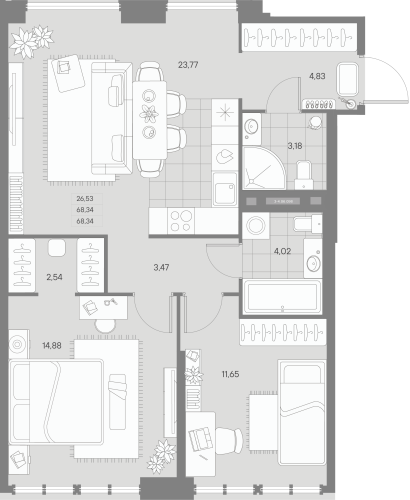 2-комнатная квартира, 68.34 м²; этаж: 6 - купить в Санкт-Петербурге