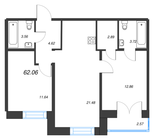 2-комнатная квартира №1 в: Alpen: 62.06 м²; этаж: 9 - купить в Санкт-Петербурге