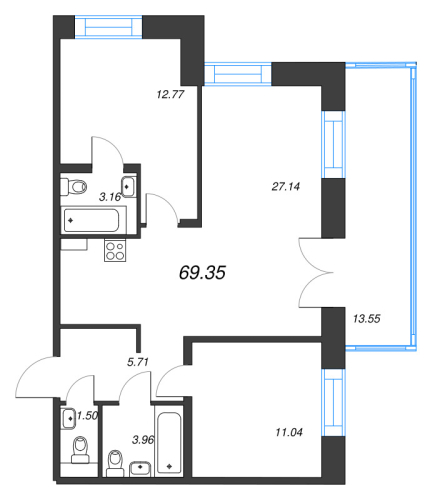 2-комнатная квартира №1 в: Alpen: 69.35 м²; этаж: 2 - купить в Санкт-Петербурге