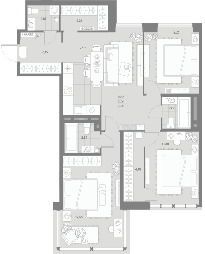 3-комнатная квартира №53 в: Avant: 97.76 м²; этаж: 5 - купить в Санкт-Петербурге
