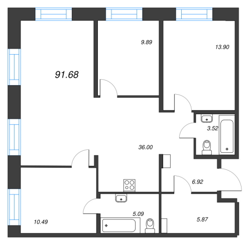 3-комнатная квартира №1 в: Alpen: 91.68 м²; этаж: 2 - купить в Санкт-Петербурге