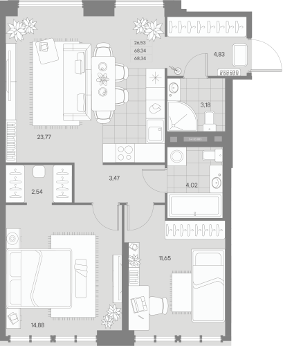 2-комнатная квартира, 68.34 м²; этаж: 3 - купить в Санкт-Петербурге