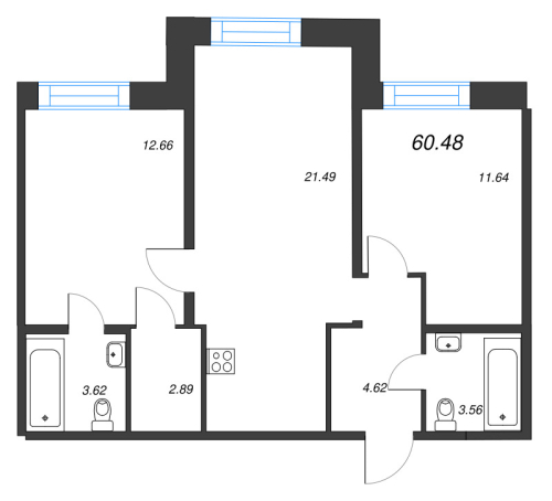2-комнатная квартира №1 в: Alpen: 60.48 м²; этаж: 9 - купить в Санкт-Петербурге