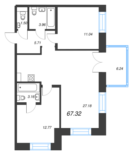 2-комнатная квартира, 67.32 м²; этаж: 3 - купить в Санкт-Петербурге