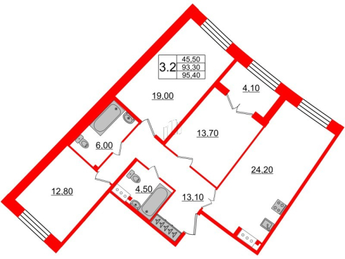 3-комнатная квартира, 93.3 м²; этаж: 3 - купить в Санкт-Петербурге
