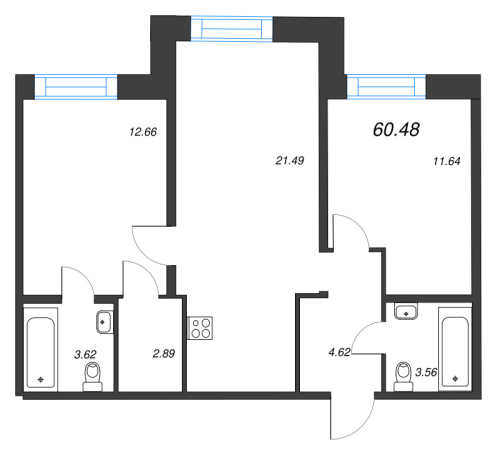 2-комнатная квартира №1 в: Alpen: 60.48 м²; этаж: 8 - купить в Санкт-Петербурге