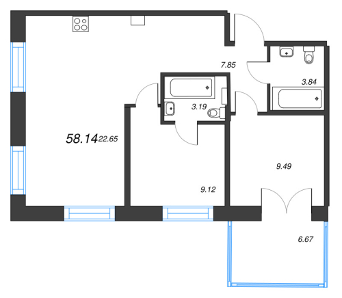 2-комнатная квартира №1 в: Alpen: 58.14 м²; этаж: 4 - купить в Санкт-Петербурге