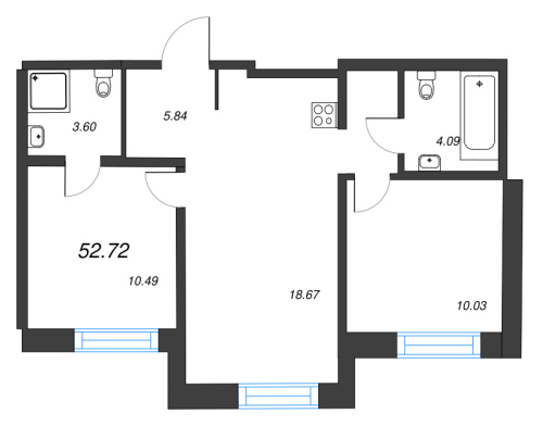 2-комнатная квартира №1 в: Alpen: 52.72 м²; этаж: 7 - купить в Санкт-Петербурге