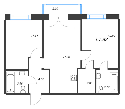 2-комнатная квартира №1 в: Alpen: 57.92 м²; этаж: 10 - купить в Санкт-Петербурге